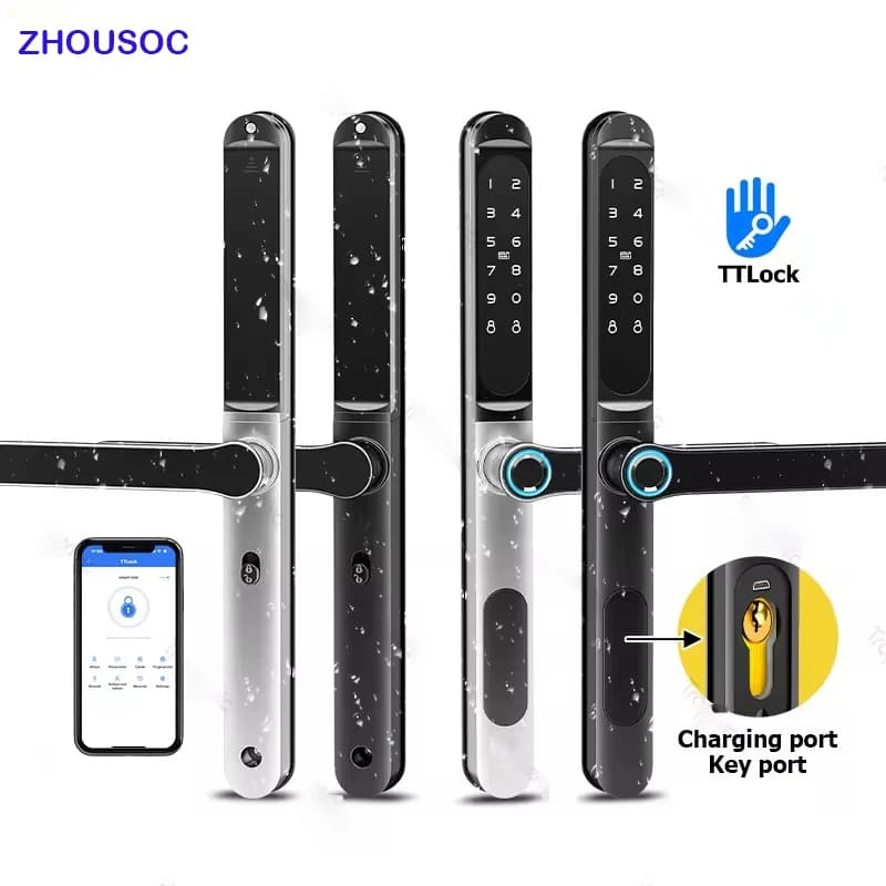 Serratura Elettronica Intelligente TTLock con Bluetooth, Impermeabile, con Impronta Digitale, Carta RFID e Codice, Senza Chiave per Porte Scorrevoli in Alluminio/Vetro
