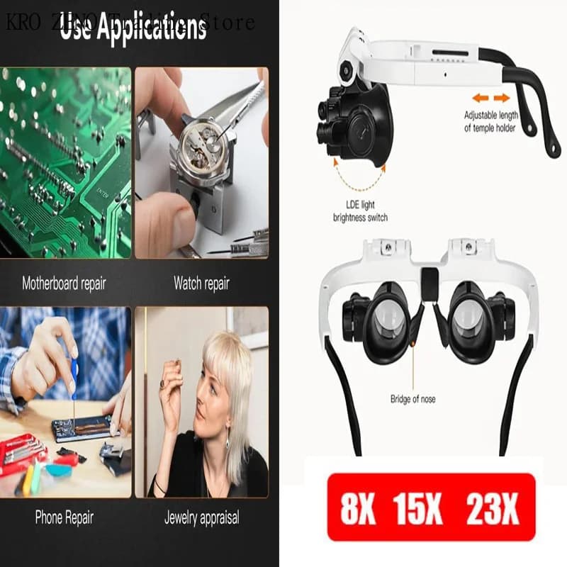 8X/15X/23X magnifying glass with LED light, Telescopic magnifying glasses with Headband for Jewelry and Watches, Reading magnifying lenses '