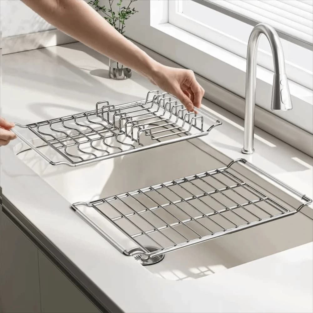 Stainless Steel Expandable Dish Rack Rustproof Adjustable Bowl Drain Shelf Multifunctional Fruit Drainer Kitchen Sink Organizer