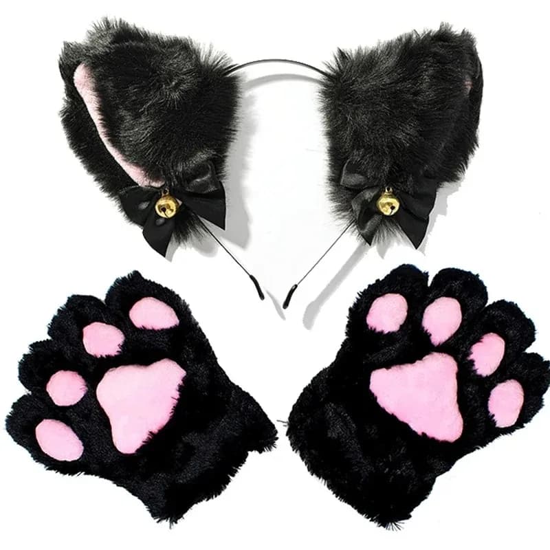 Set di Accessori per Capelli con Orecchie da Gatto, Guanti a Artiglio, Costume Cosplay Anime per Ragazze, Fascia per Capelli in Peluche con Campanello, per Feste Notturne e Club