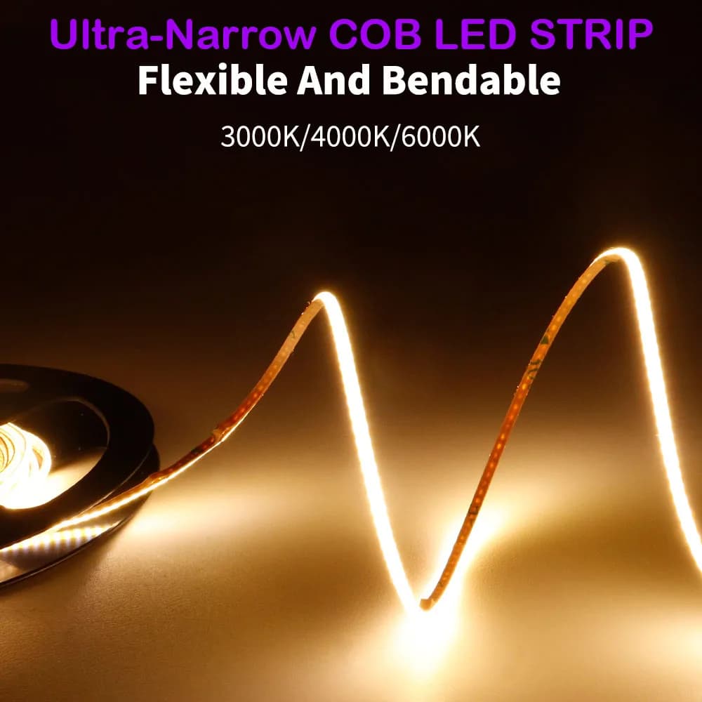 Striscia LED COB Ultra-Sottile con PCB da 2mm, 480 LED/m, 3000K/4000K/6000K, Bianco Caldo/Naturale/Freddo, Luci Lineari Flessibili 5V/12V