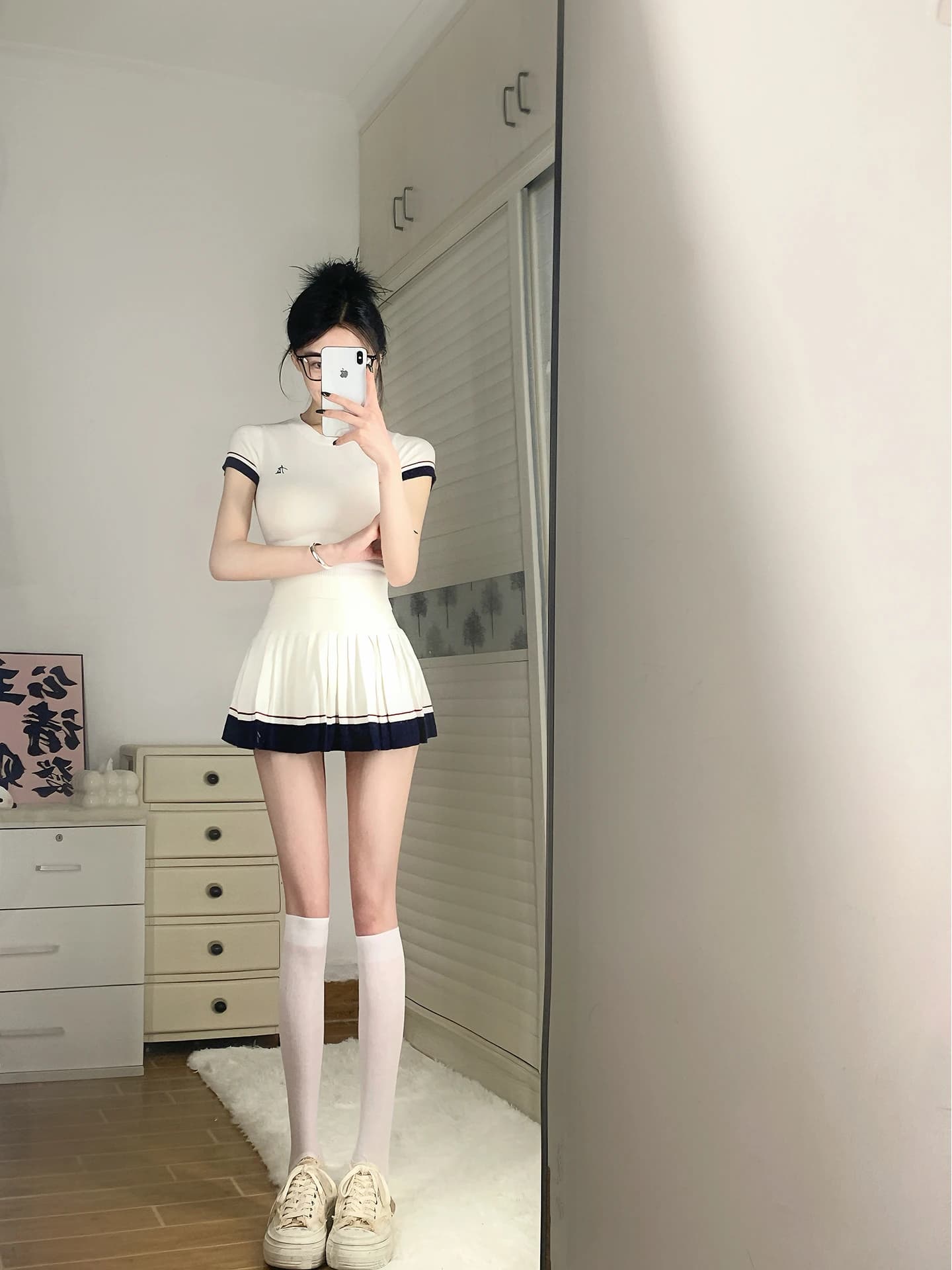 White Embroidered Short Sleeve Knitted T-Shirt Women Summer Casual Sports Set Pleated Skirt High Waist Midi Skirt Two Piece Set