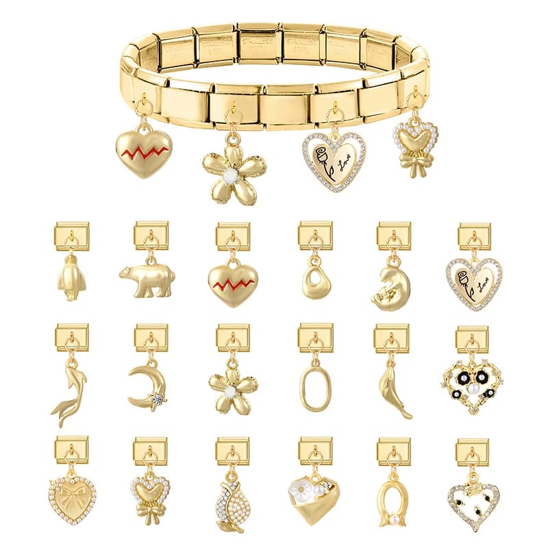 Moda Stella Luna Cuore Fiore Ciondolo color oro Collegamenti con ciondoli italiani Misura bracciale in acciaio inossidabile da 9 mm Donna Uomo Creazione fai da te