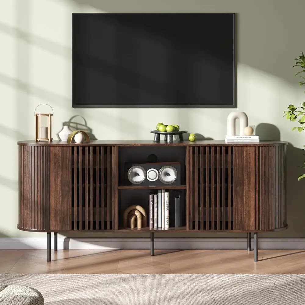 Mobile TV 65-75 Pollici con Spazio Contenitore, Ripiani Regolabili, Design Curvo, Mensola Multimediale, Gestione Cavi per Soggiorno, Marrone