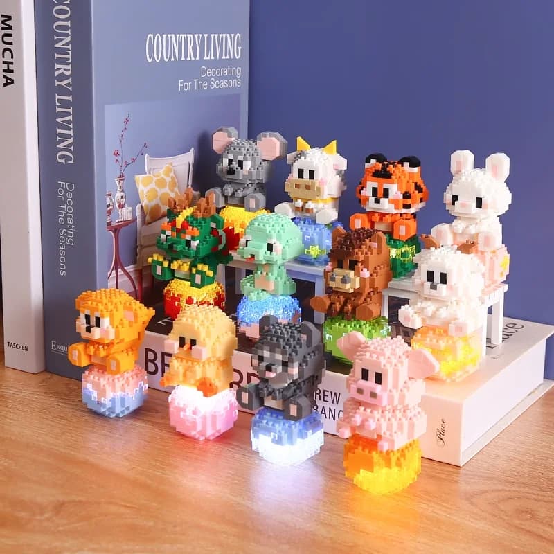 The 12 mini zodiac blocks Chinese lighting animal star mouse pattern dragon tiger display collection brick toys for children gift