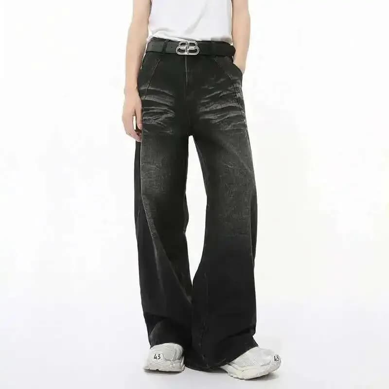 Jeans da uomo High Street Baffi lavati casual Tinta unita Pantaloni larghi maschili alla moda dritti a gamba larga Autunno