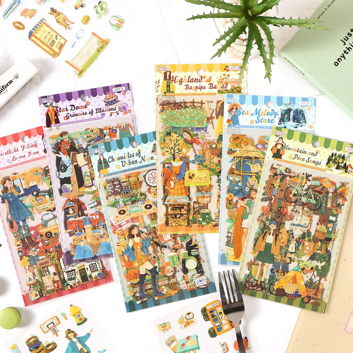 4pcs Waterproof PET Sticker Set - Whimsical Girl & Scenery Theme for Journal Scrapbook
