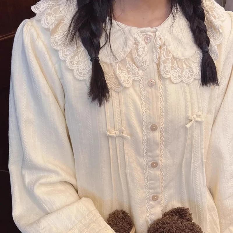 Lolita cute white woman's shirt sweet long sleeves vintage Kawaii Japan Preppy Jk Harajuku Y2K Top cosplay vintage
