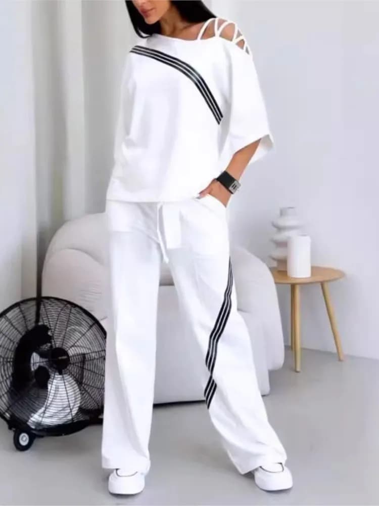 Set da due pezzi in cotone moda donna tuta sportiva bianca camicia ampia sexy con spalle scoperte + pantaloni casual abbigliamento sportivo tuta da donna 2 pezzi