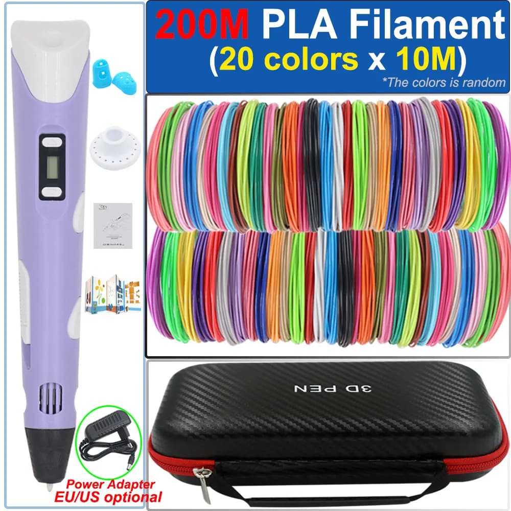 3D Pen for Children 3D Design Printing Pen with LCD Screen Power Adapter 200M Filament PLA Toy Children Christmas Birthday Gift DIY