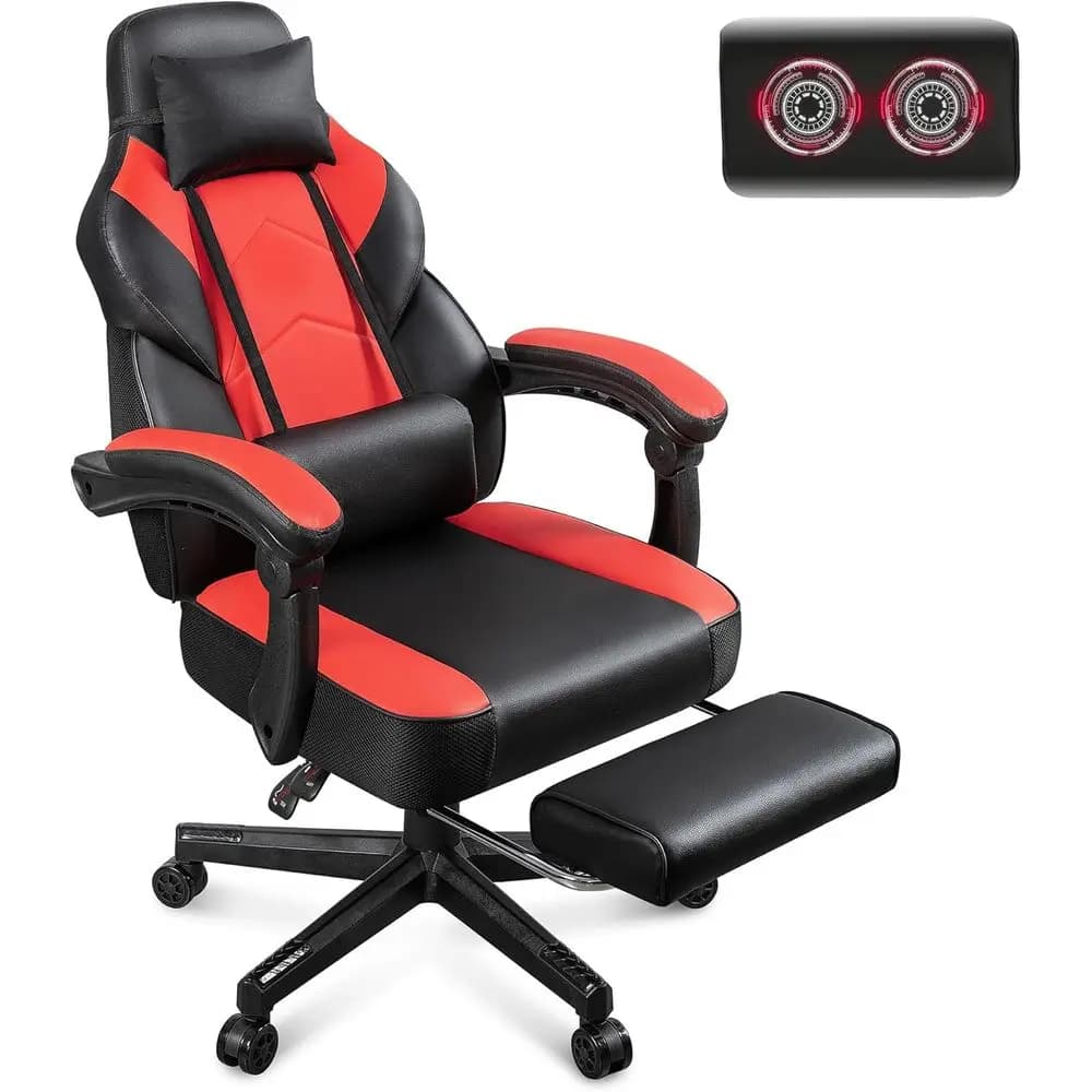 Ergonomic Heavy Duty Gaming Chair with Massage Lumbar, Adjustable Height, 360° Swivel, PU Leather, Red