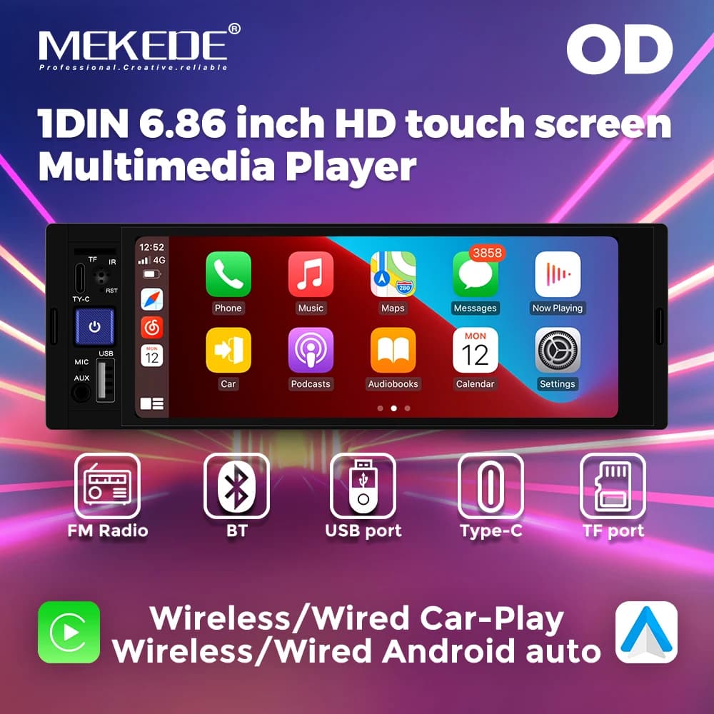 MEKEDE U.S. Autoradio universale 1 Din CarPlay HD con touchscreen da 6,86'' FM Stereo MP5 lettore multimediale BT porta TF e telecamera