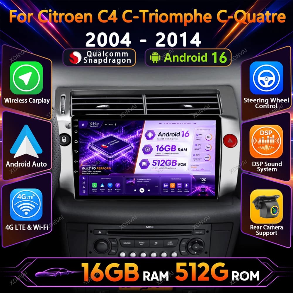 Android 16 Car Radio For Citroen C4 C-Triomphe C-Quatre 2004 - 2014 Multimedia Video Player 4G LTE GPS Stereo RDS Autoradio BT