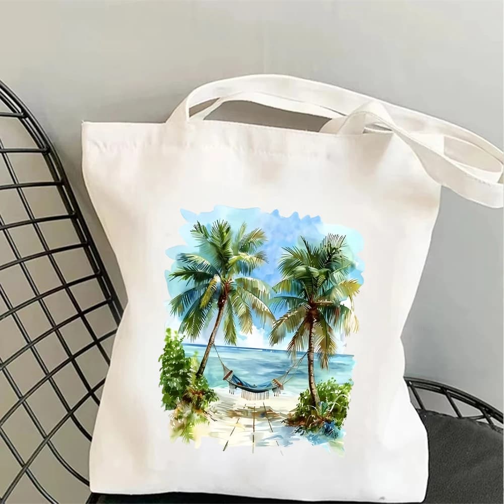 Tropical Beach Canvas Tote Bag Eco Friendly Watercolor Palm Tree Hammock Print For Travel Picnics Daily use Yoga Bag