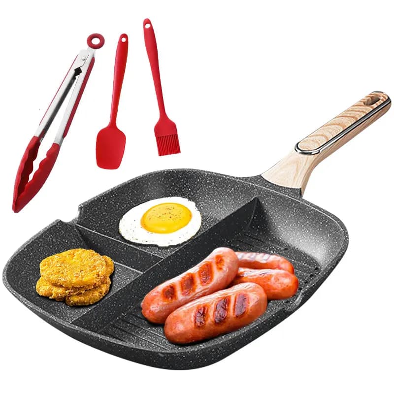 Padella grill quadrata antiaderente da 29 cm con 3 sezioni, padella per induzione, grande padella per colazione, per uova, bacon, hamburger.