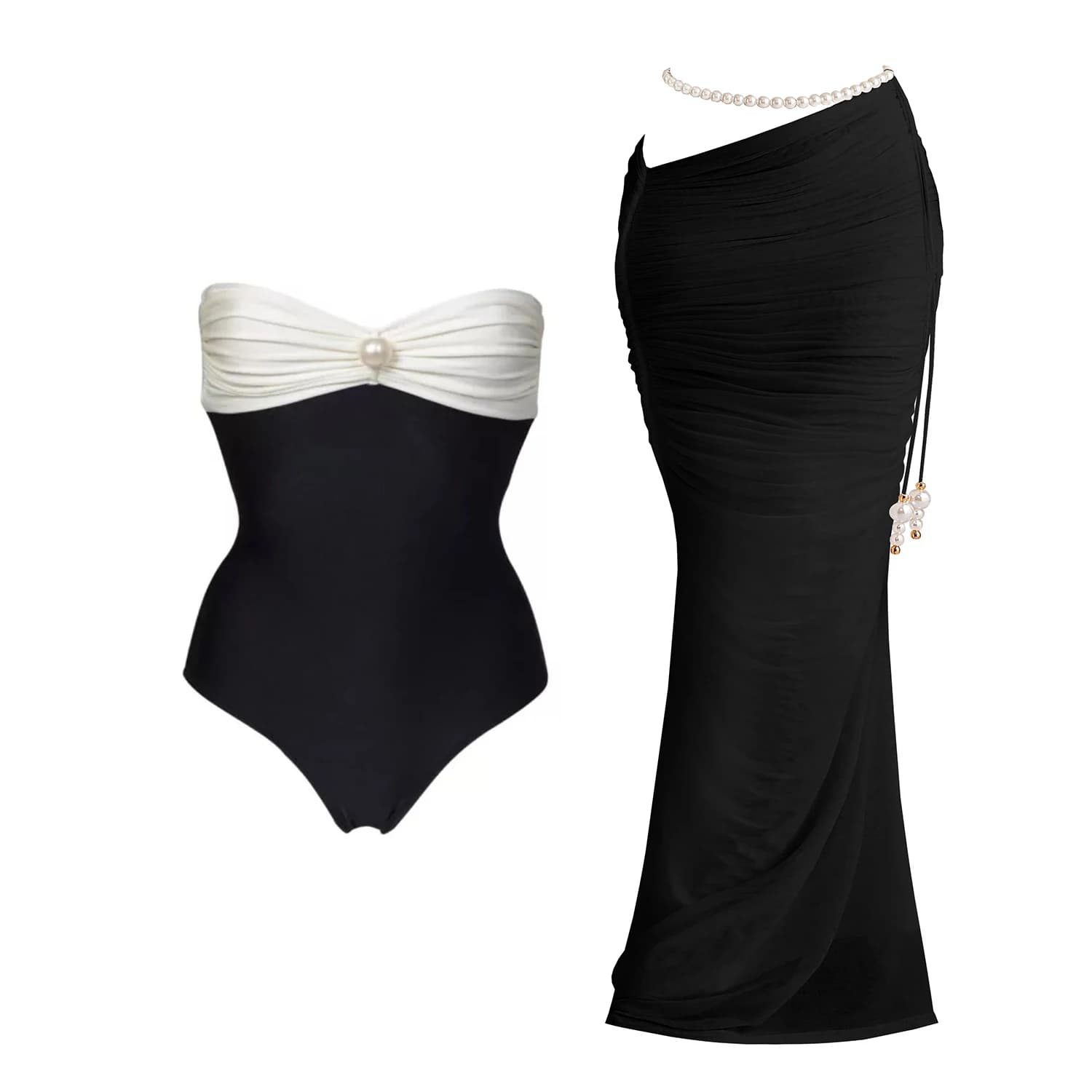 Costume da Bagno Intero Patchwork con Copricostume, Bikini Sexy con Perle per Donna, Costume da Bagno Bandeau Tinta Unita, Abbigliamento da Spiaggia