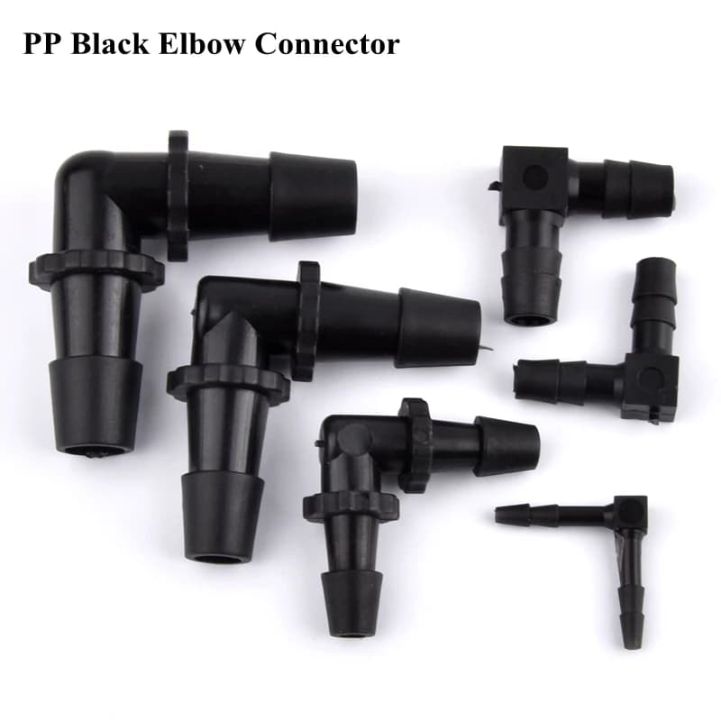 Connettori a gomito neri in PP da 2,4 ~ 11,1 mm Adattatore per serbatoio dell'acquario Tipo L Giunto a 2 vie Giunto per pompa d'aria Giunti per tubi di irrigazione da giardino