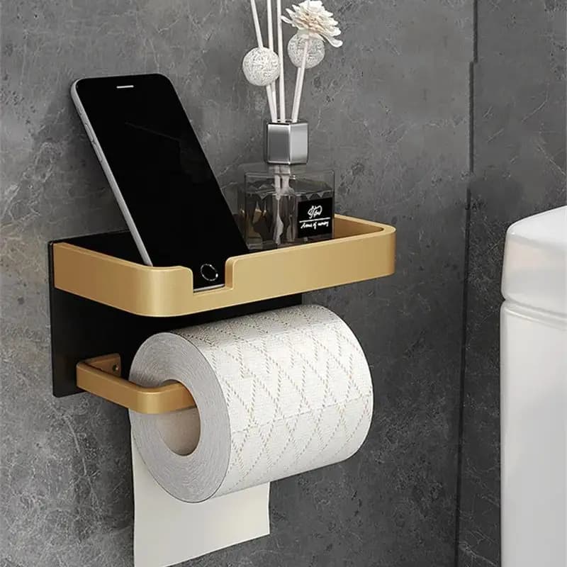 Spazio Porta carta da bagno in alluminio Portarotolo per telefono Nero e oro SHhelf Porta asciugamani per telefono cellulare Porta carta igienica Scatola per fazzoletti