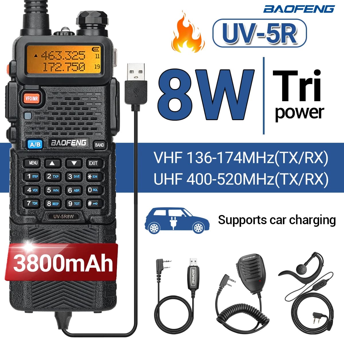 Baofeng UV-5R 8W 3800mAh Walkie Talkie Dual Band Type-C Ham Radio bidirezionale VHF UHF Radio FM Ricetrasmettitore portatile Caccia all'aperto
