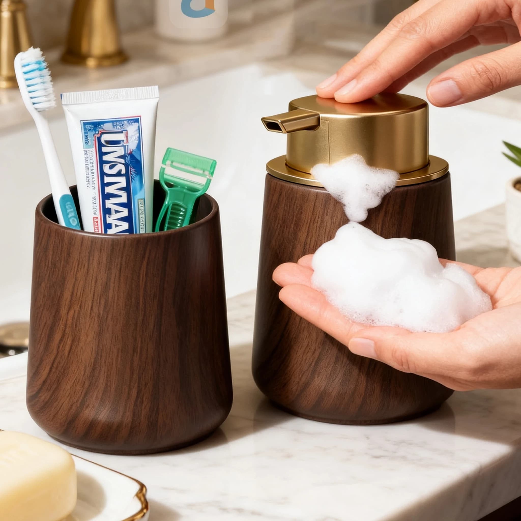 Soap Dispenser with Gold Pump, Multi-Use Bathroom Countertop Hand Soap Dispenser and Storage Cup for Toothbrushes, Makeup Brush
