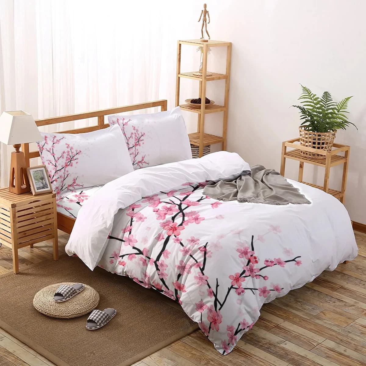 Set Copripiumino Rosa Pallido, Ramo di Sakura con Fiori di Ciliegio, Delicata Primavera Giapponese, Set Decorativo di Biancheria da Letto in 3 Pezzi, Misura King