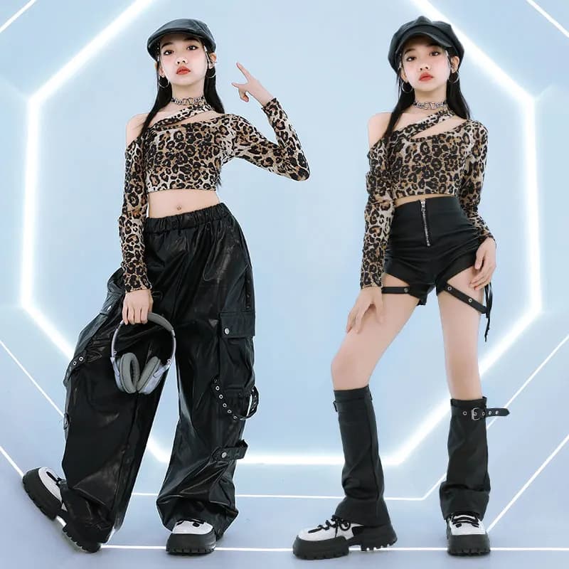 Kids Dance Dresses, Girls Dance Dresses, Leoped T-shirt, Leather Bottom, Dancewear, Kids Fashion, hip-hop uniform
