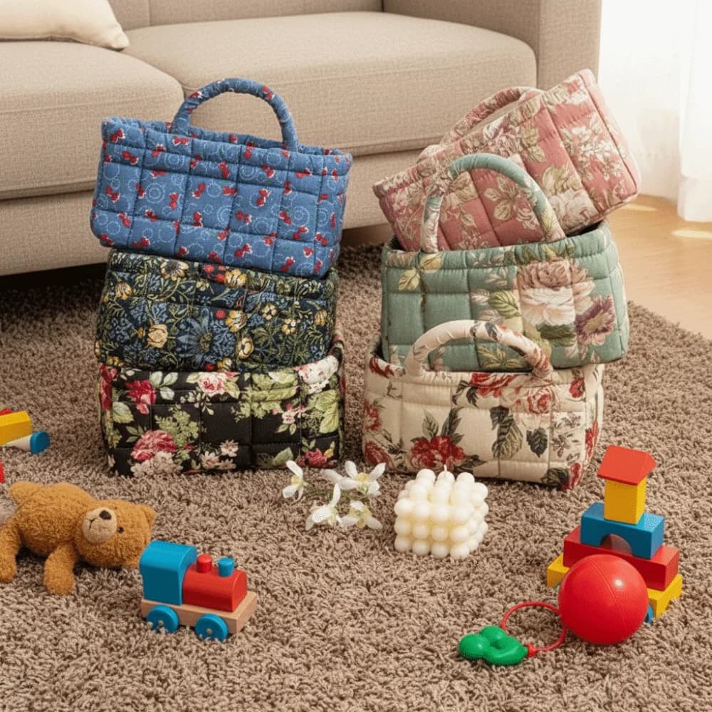 Floral Pattern Bento Handbags Patchwork Design Foldable Tote Shoulder Bags Cotton Material Portable Cosmetic Bag Storage
