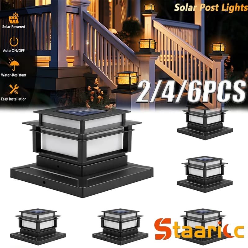 STAARIC Set di 6 Luci Solari per Pali 4x4 Pollici, Design Fiamma, Impermeabili per Giardino, Terrazza, Cortile, Finitura Nera