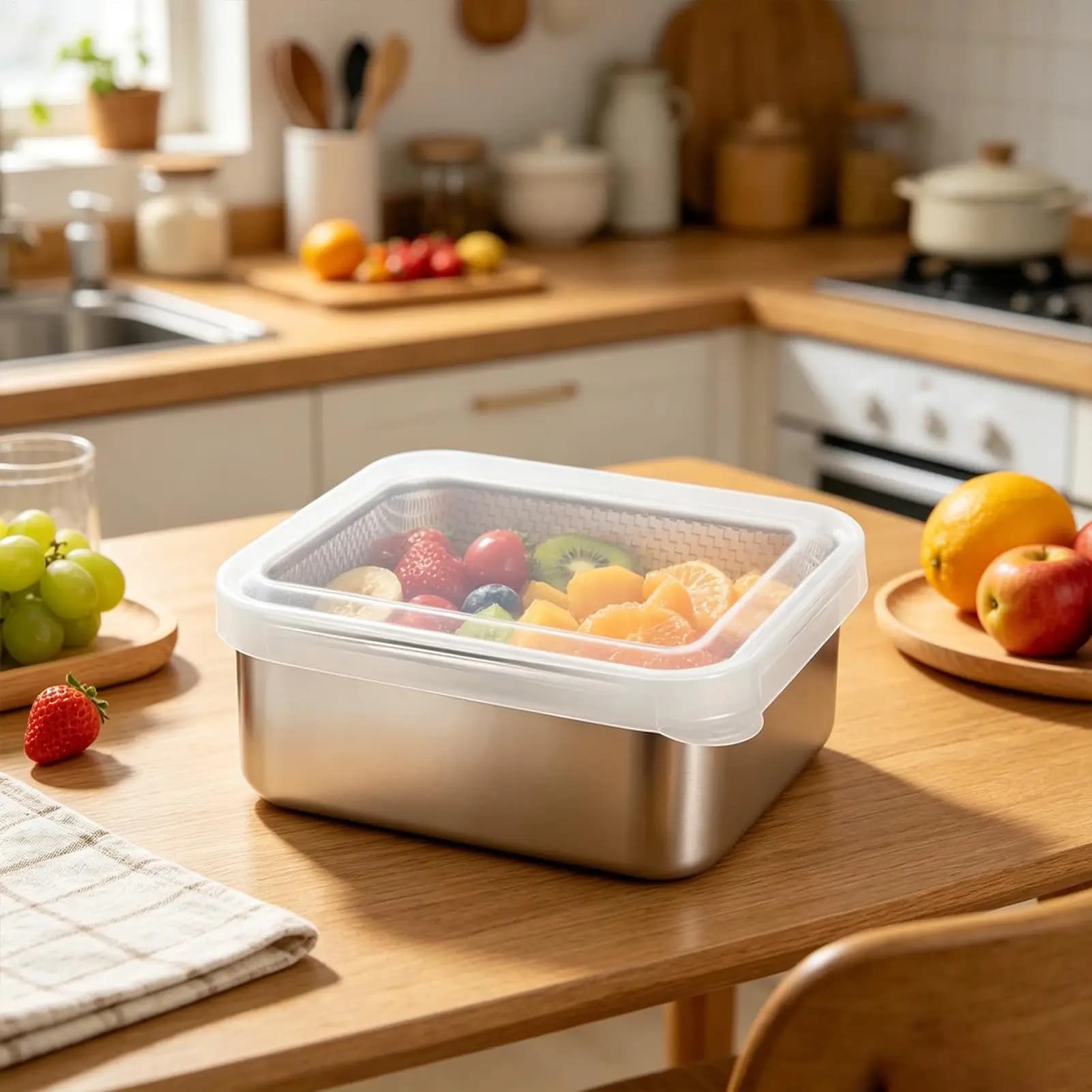 Contenitore per il pranzo in acciaio inossidabile ermetico con colino, impilabile, per conservare frutta, verdura, insalata, per cucina, dispensa, casa