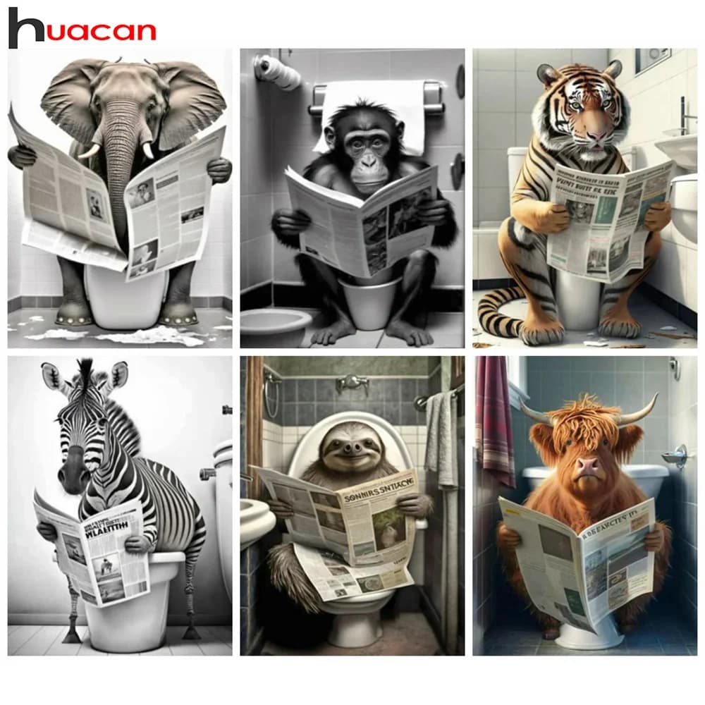 Huacan 5D DIY Diamond Painting Monkey Tiger Toilet Full Diamond Mosaic Animal Funny Bathroom Art Wall Decoration Craft Kit