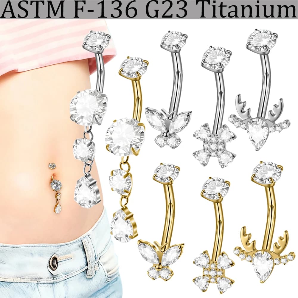 2-1PCS CZ Farfalla Corno di cervo Anelli per ombelico F-136 Titanio puro con catena Waterdrop Zirconia Ombelico Curvo Bilanciere Pancia