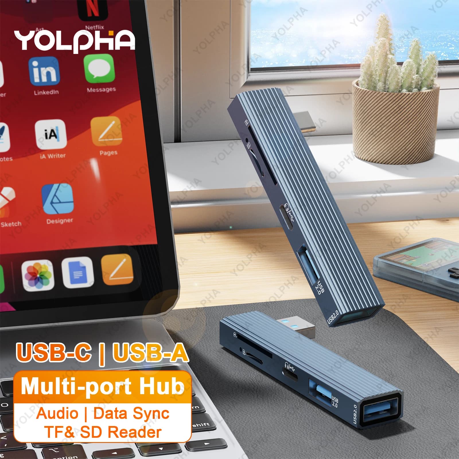 Hub USB per Laptop con Lettore di Schede SD e TF, Adattatore OTG da USB-C a Micro SD, Adattatore per Jack Audio e Cuffie per Macbook e Matebook