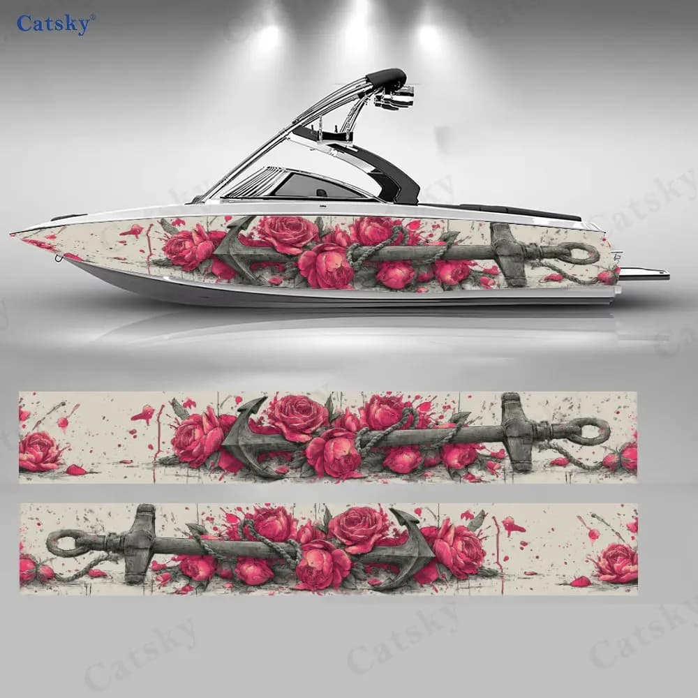2 Adesivi per Barche con Rose e Ancora, Decalcomanie in Vinile PVC Impermeabile e Resistente per Barche da Pesca, Design Durevole ed Elegante