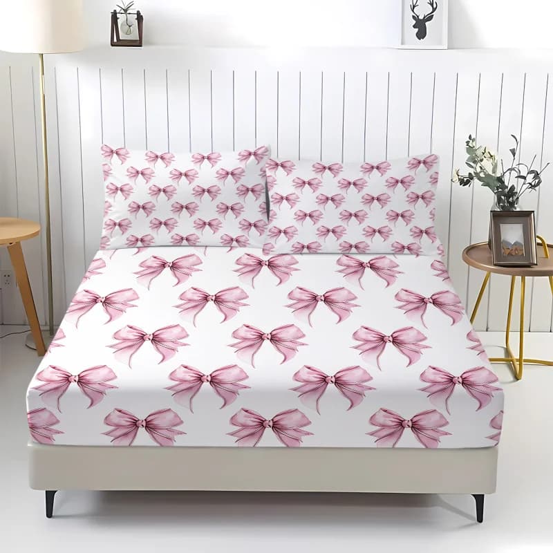 Set di 3 Pezzi: Lenzuolo con Angoli e 2 Federe Rosa con Fiocco, Stampa Estetica Coquette, Antiscivolo, Morbido e Traspirante, Biancheria da Letto per Camera da Ragazza