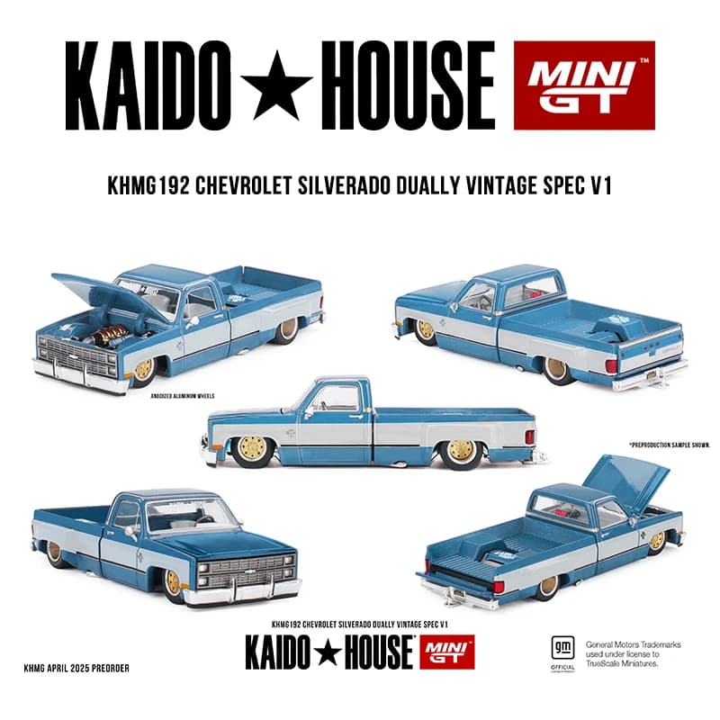 Pronto per la spedizione KHMG 192 1:64 Chevrolet Silverado Dually Vintage Spec V1 Modello di auto in metallo pressofuso con cofano apribile Kaido House MINIGT
