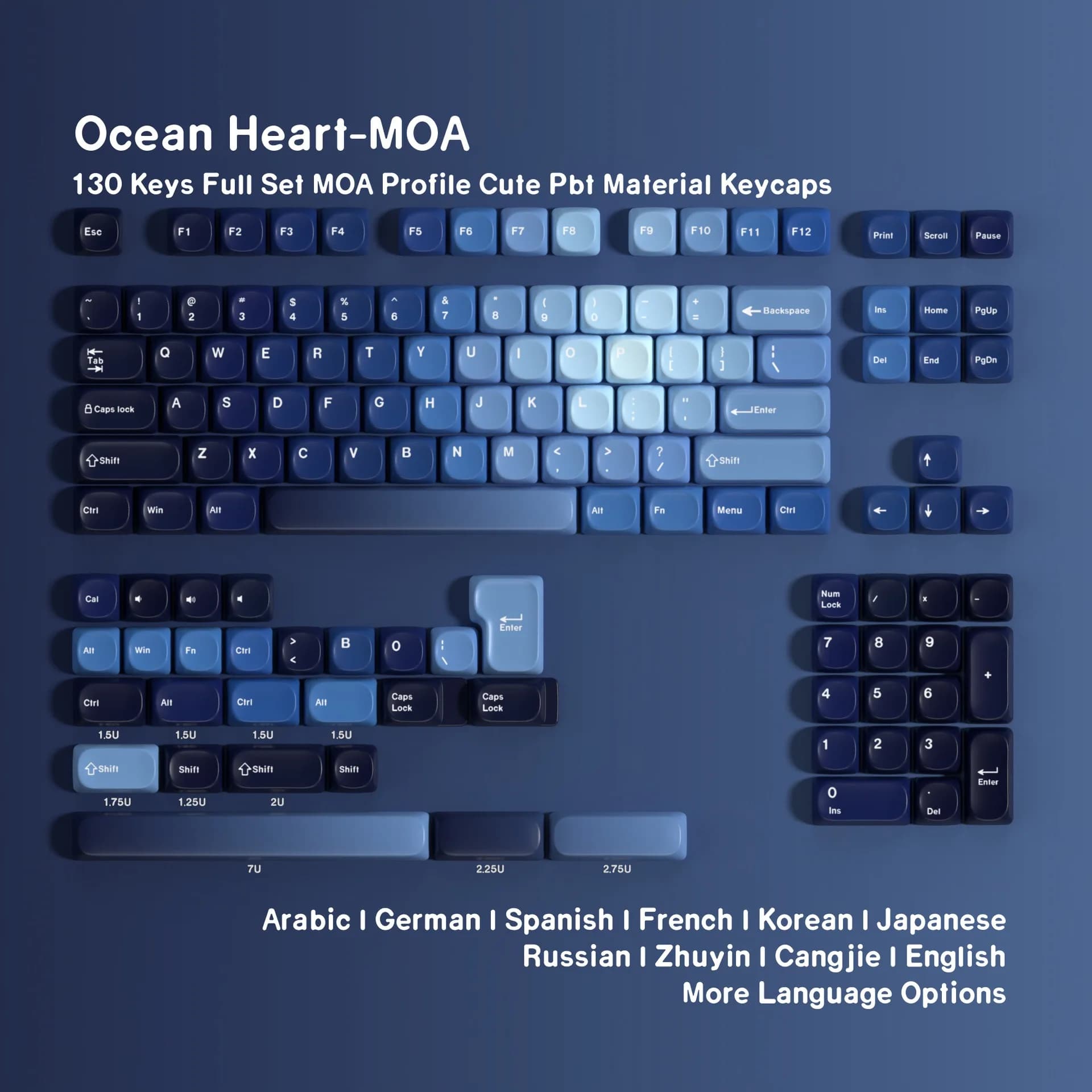 Keycaps per Tastiera Meccanica in Spagnolo, Francese, Tedesco, Inglese, ABNT2, Russo, Coreano, Arabo, Giapponese, Blu Oceano, Profilo MOA, PBT, Keycap ISO
