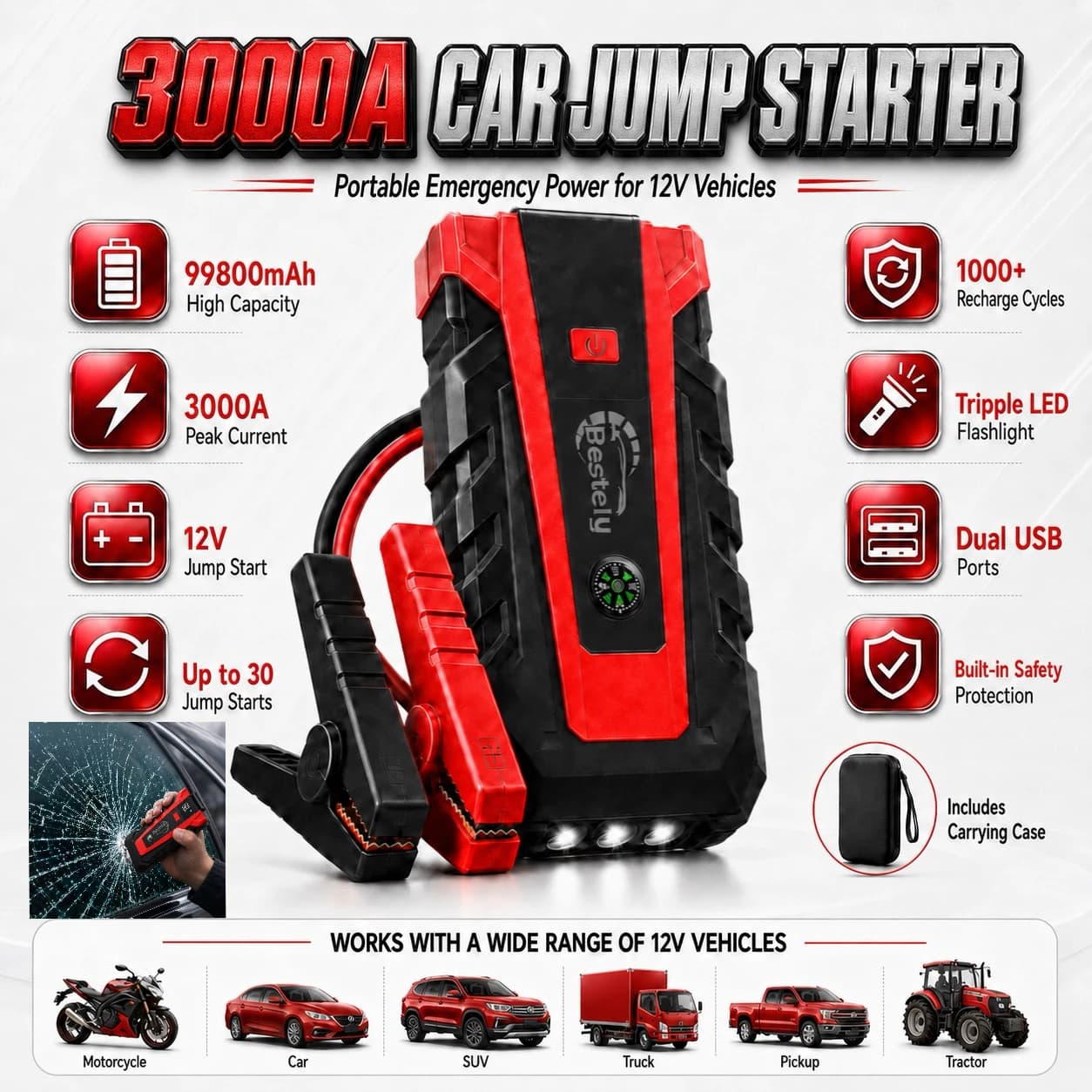 New 12V 3000A Car Battery Jump Starter Portable Charger Car Booster Auto Starting Device Emergency Starter Fast Charging