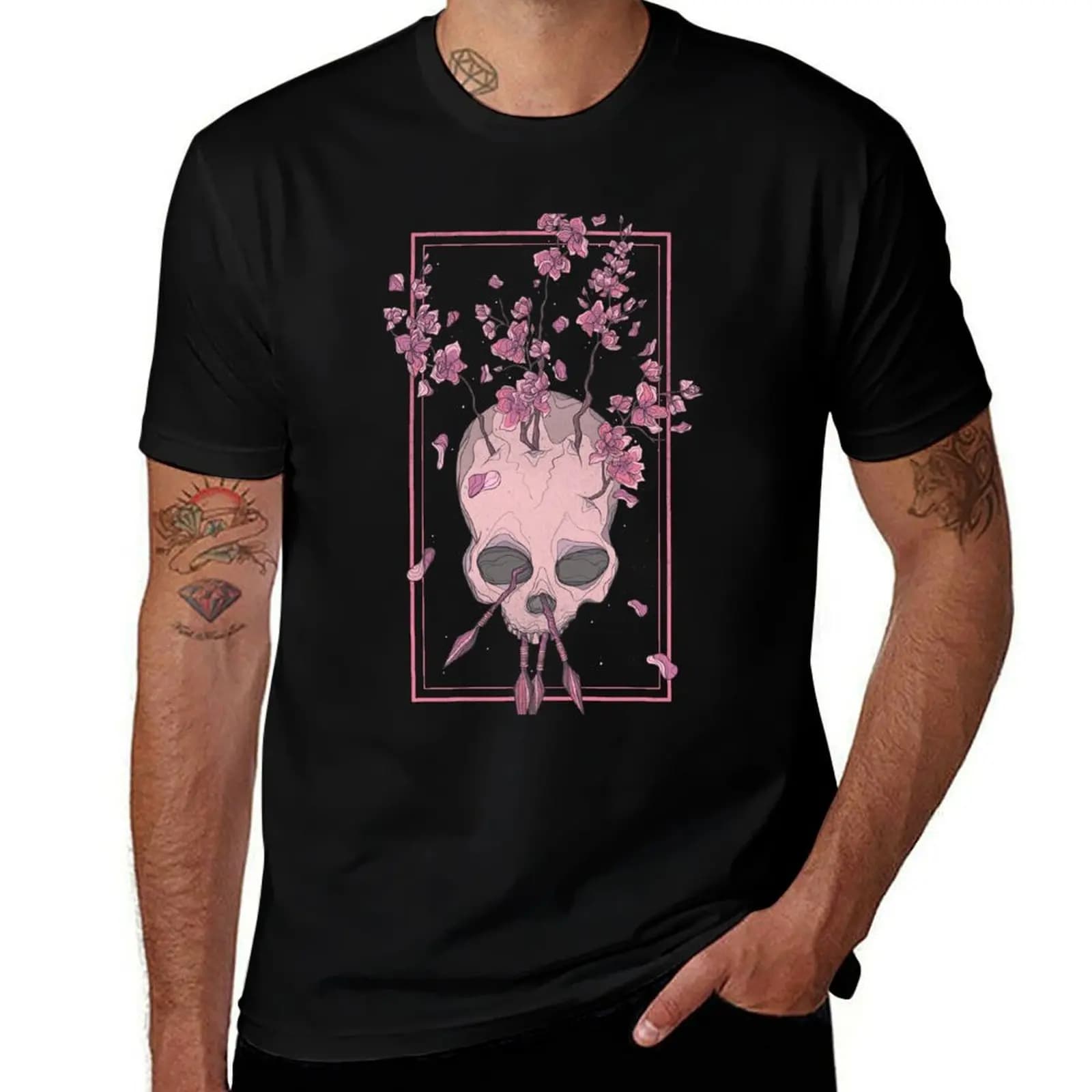 T-shirt con teschio e frecce floreali, maglietta leggera e rinfrescante a maniche corte