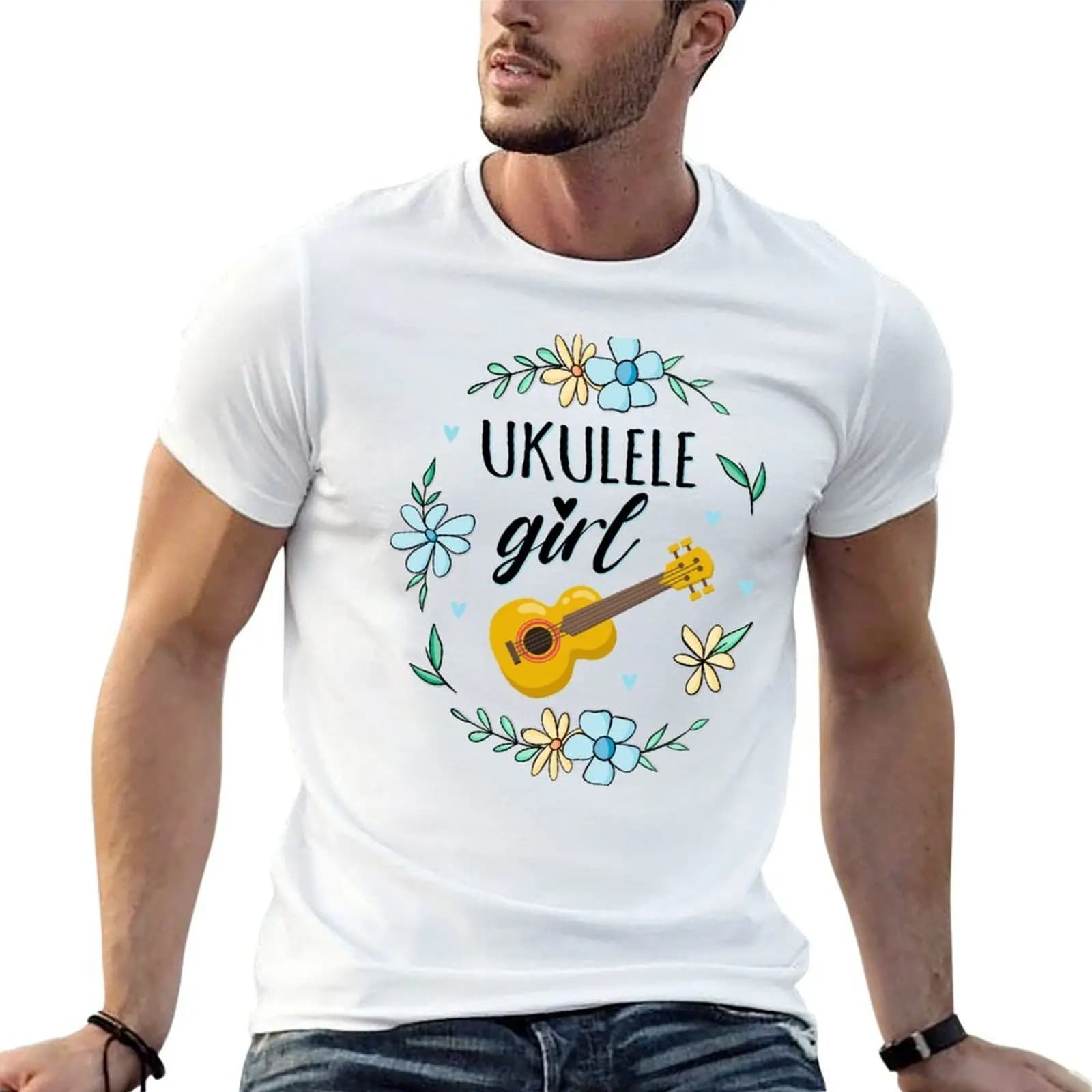T-shirt Ukulele Girl, magliette divertenti da uomo, magliette in cotone per uomo, maglietta divertente con anime