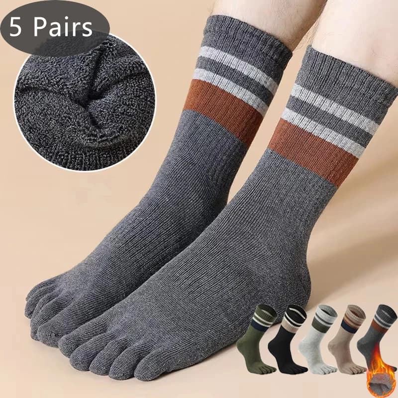 5 Paia di Calzini Terry a Cinque Dita da Uomo in Cotone a Righe, Spessi, Morbidi, Elastici, Assorbenti, Caldi, per Feste ed Eventi, Lunghi, Happy Socks