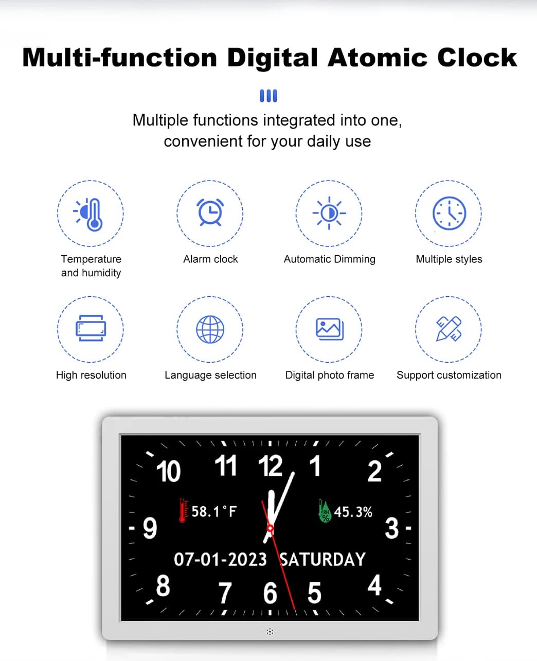 Digital Photo Frame Featuring Alarm Options Auto Dimmable Display Smart Calendar with Temperature Humidity