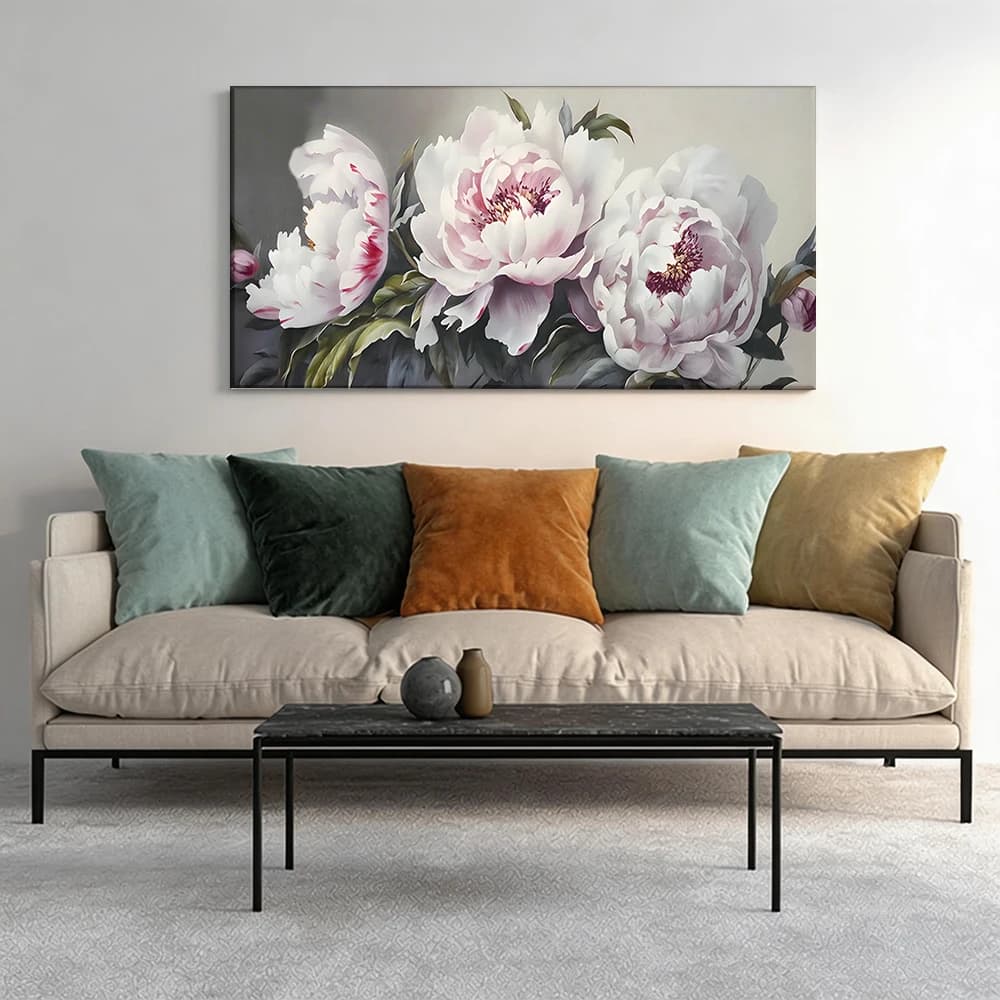 Painted on canvas with large wooden frame, 1 piece. Beautiful peonies, botanical beauty.