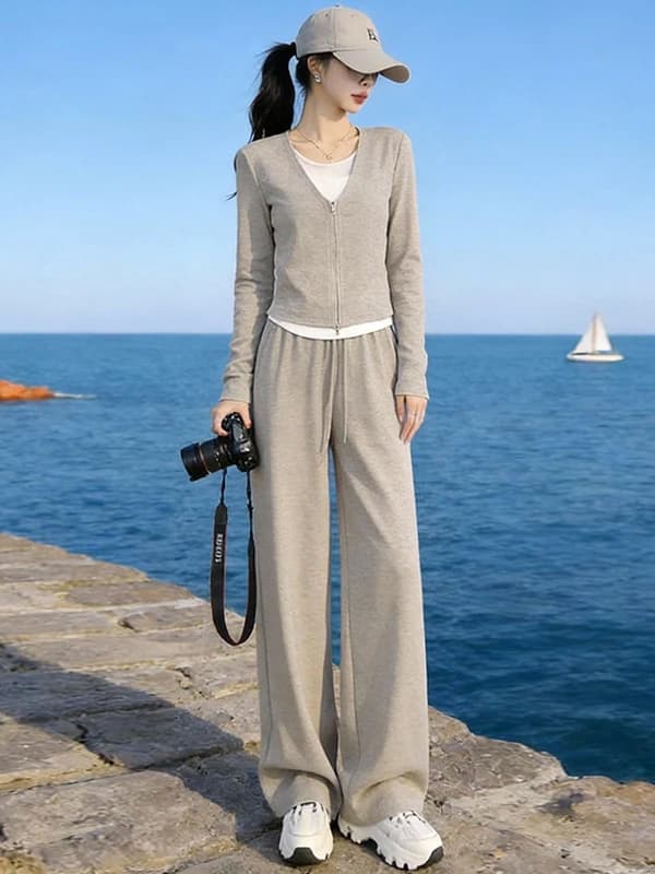 Elegante Completo Sportivo Casual da Donna: Top Modellante e Pantaloni a Gamba Larga, Set Due Pezzi Primaverile, Design Confortevole a Vita Alta