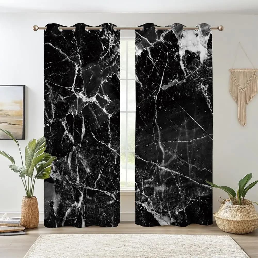 Elegant Black and White Marble Print Curtains, 53 Wide x 108 Long, 2-Panel Set for Living Room or Bedroom