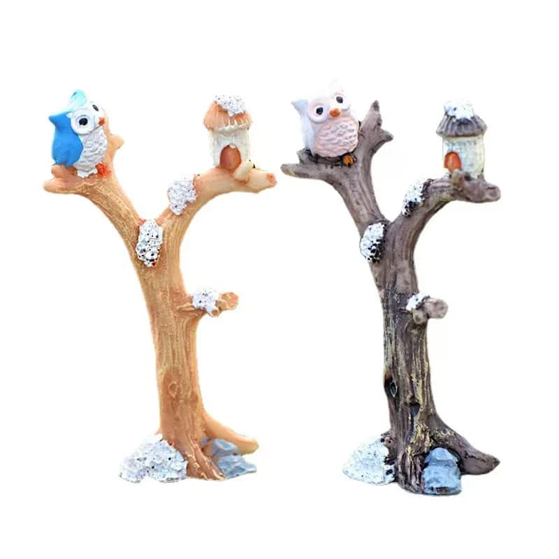 Statuette in Resina di Gufo con Albero, Miniature di Uccelli, Ornamenti per Giardino Fatato, Statua di Gnomo, Decorazioni per Casa e Paesaggio