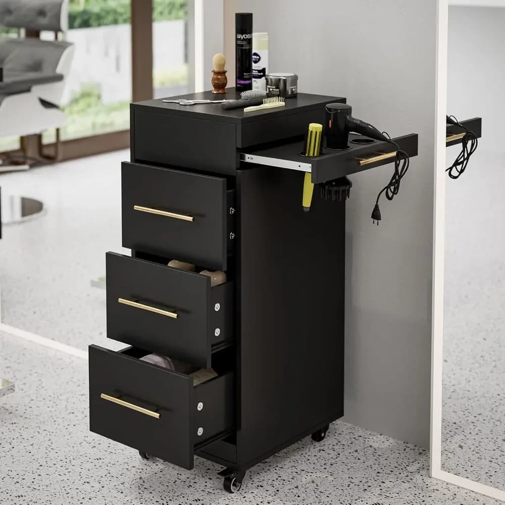 Carrello da salone, deposito rotolante con 3 supporti per asciugacapelli, mobiletto portaoggetti per trucco per salone di bellezza