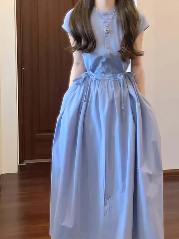 Elegant Blue Short Sleeve Shirt Dress Women's Summer New Style Slimming Long Skirt High Waist A-Line Dress Vintage Style