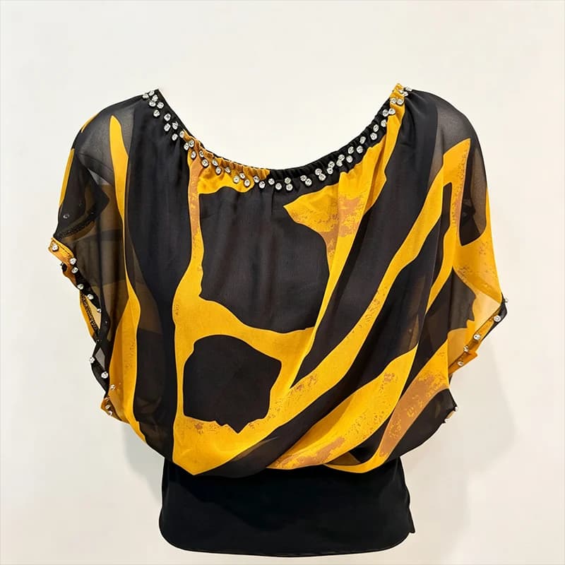 MadBlack-Women European Shirt, Sexy O Neck Print Beading, Hotsweet Short Sleeve Loose Thin Chiffon Blouse, 2026 Summer T66835CC