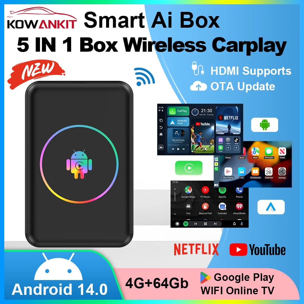 Android 14 4+64G Wireless CarPlay Ai Box Kowankit Smart 5 in 1 HDMI Plug & Play Android Auto Car TV Box per Netflix YouTube 2026