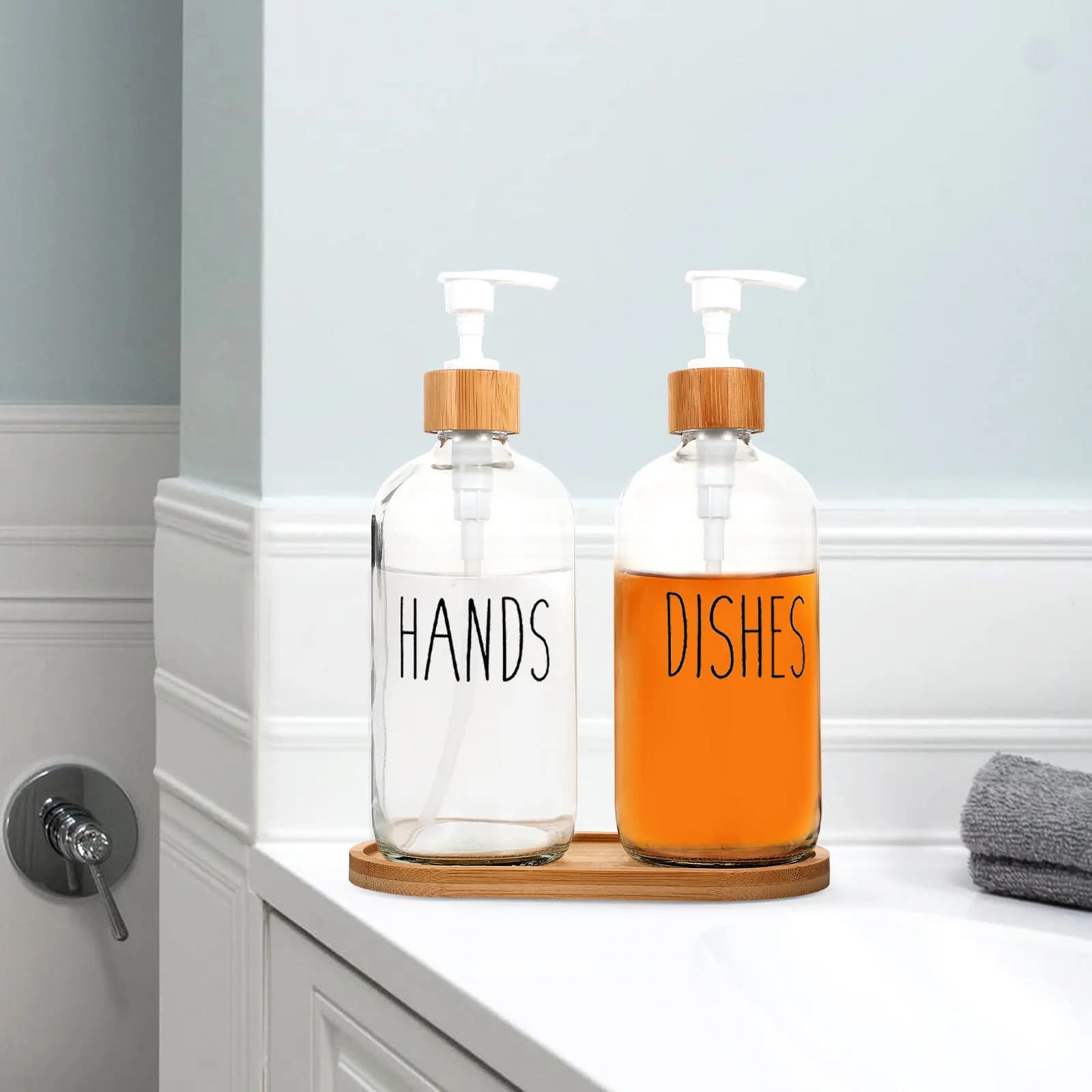 Set di Dispenser per Lozioni con Fondo in Vetro Rinforzato e Pompa a Pressione Liscia, Ideale per Sapone Liquido, Shampoo, Balsamo, Bagnoschiuma, Portatile